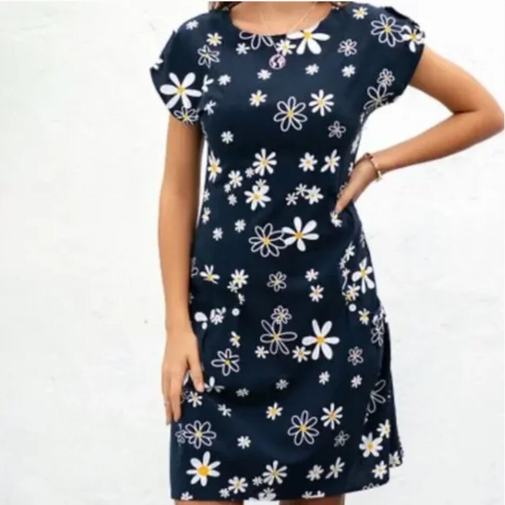 Suvimuga Blue Floral A Line Dress Medium Cap Sleeve Casual Pockets